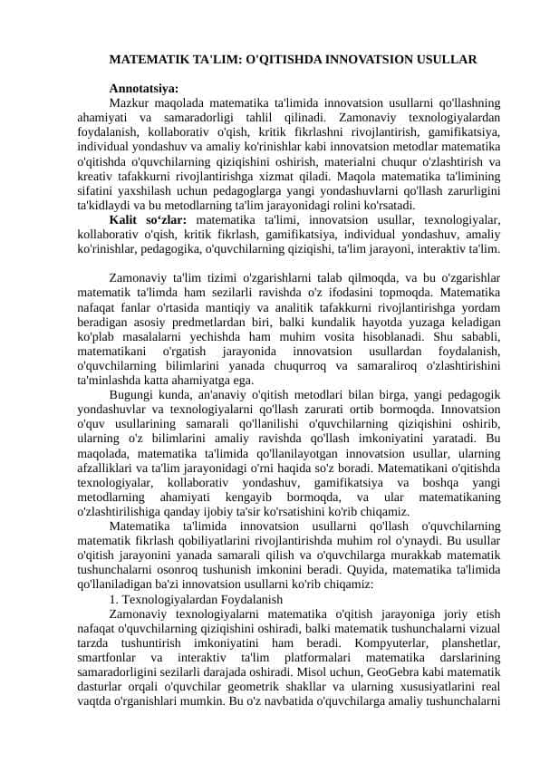 MATEMATIK TA'LIM: O'QITISHDA INNOVATSION USULLAR