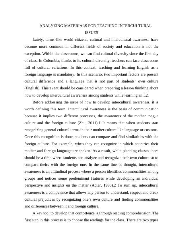 ANALYZING MATERIALS FOR TEACHING INTERCULTURAL ISSUES