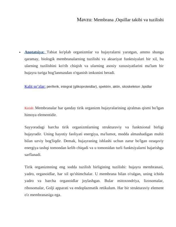 Membrana ,Oqsillar takibi va tuzilishi