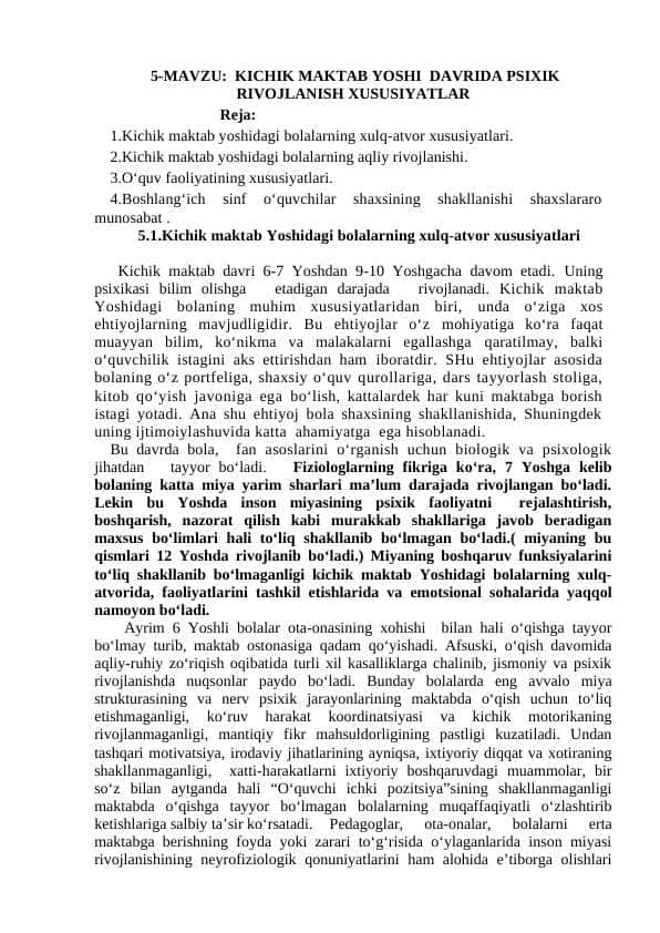 KICHIK MAKTAB YOSHI DAVRIDA PSIXIK RIVOJLANISH XUSUSIYATLAR