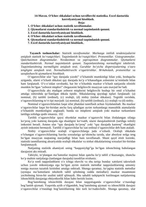 . O‘lchov shkalalari uchun tavsiflovchi statistika. Excel dasturida korrelyatsiyani hisoblash
