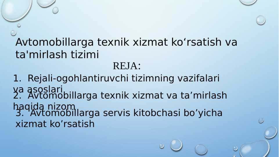 Avtomobillarga texnik xizmat koʻrsatish va ta'mirlash tizimi