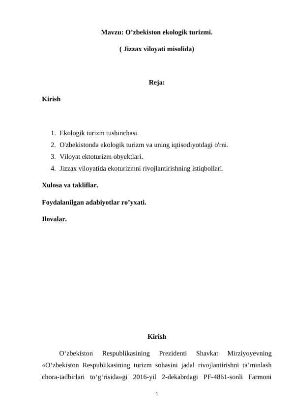 O’zbekiston ekologik turizmi. ( Jizzax viloyati misolida)