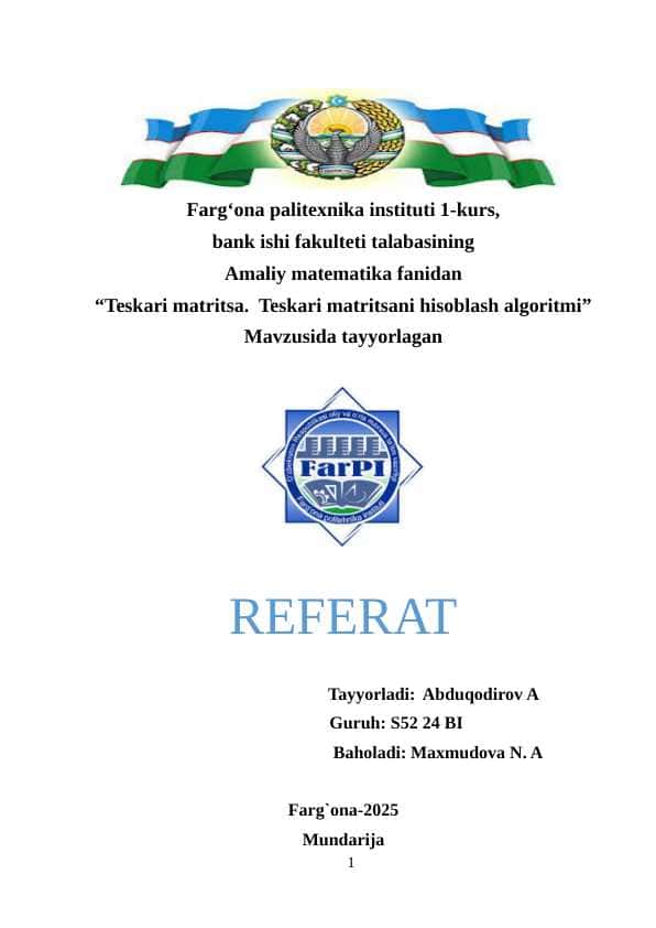 Teskari matritsa... . Teskari matritsani hisoblash algoritmi
