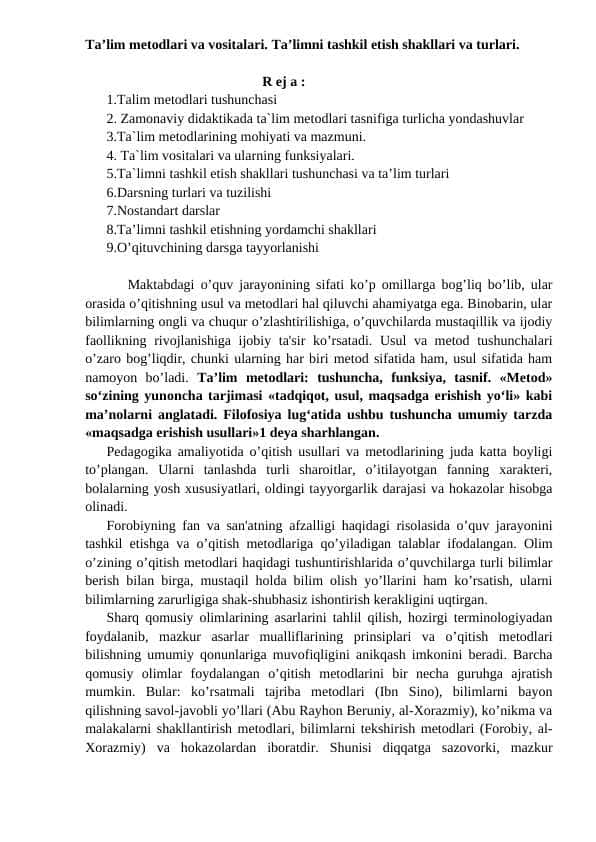 Ta’lim metodlari va vositalari. Ta’limni tashkil etish shakllari va turlari.