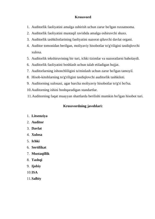 Auditorlik tashkilotlarining professional xizmatlari Krossvord