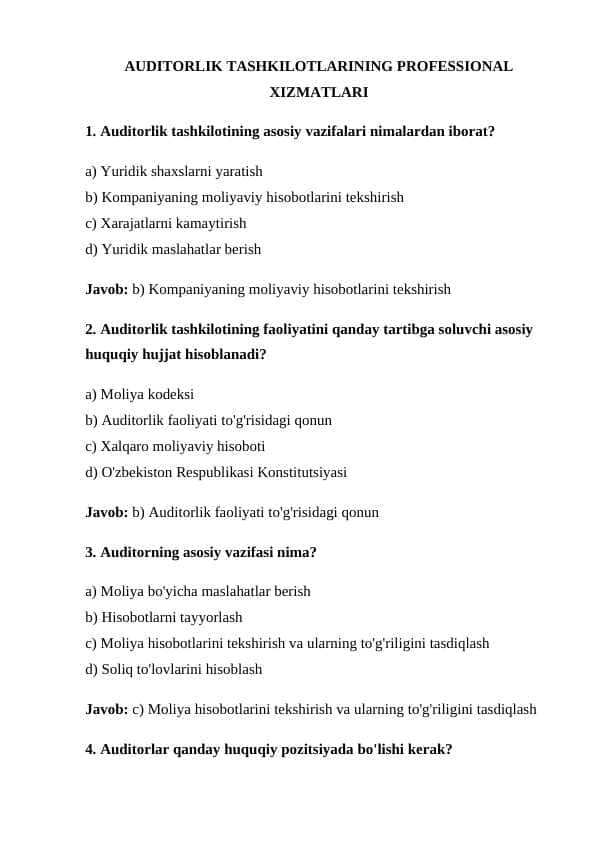 Auditorlik tashkilotlarining professional xizmatlari TEST