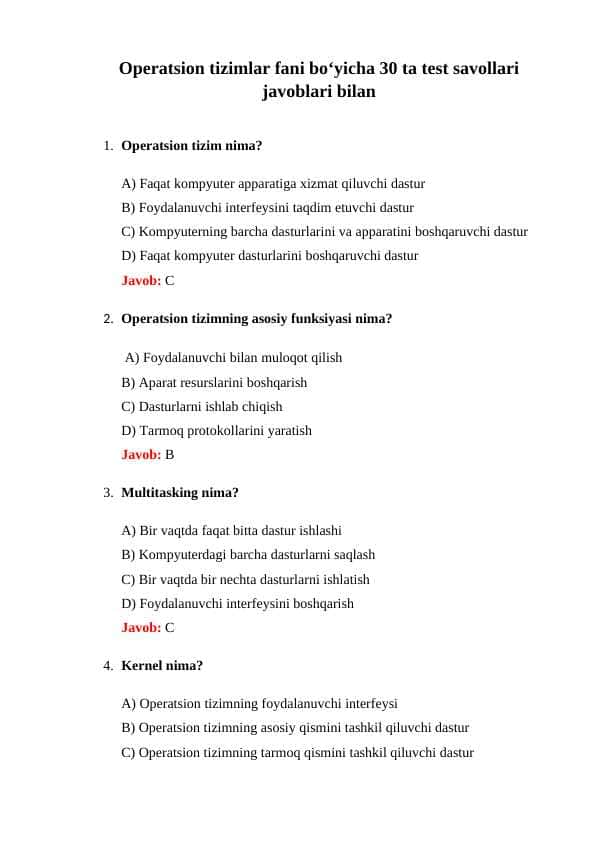 Operatsion tizimlar fani boʻyicha 30 ta test savollari javoblari bilan