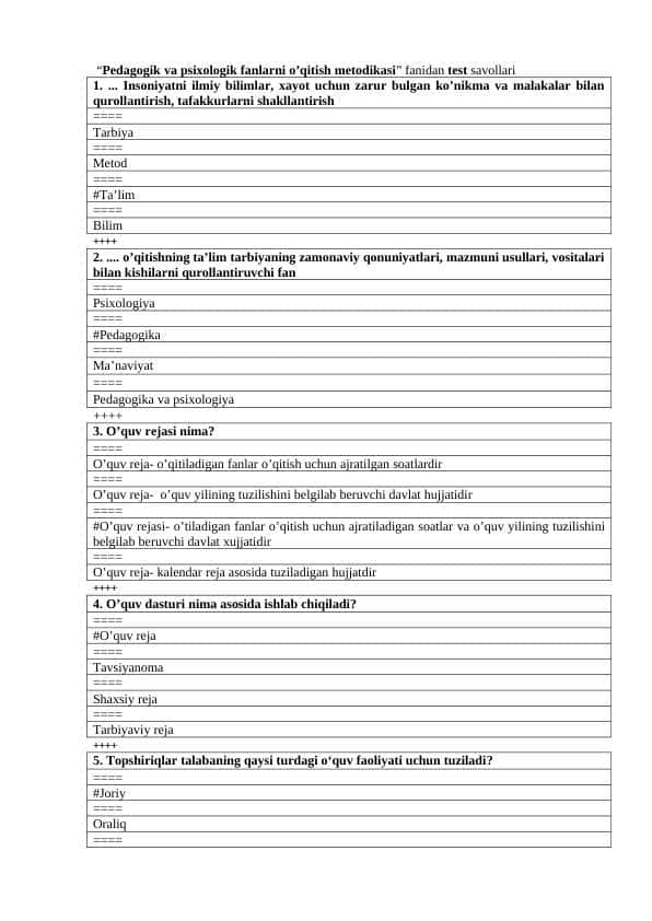 Pedagogika va psixologik fanlarni o'qitish metodikasi