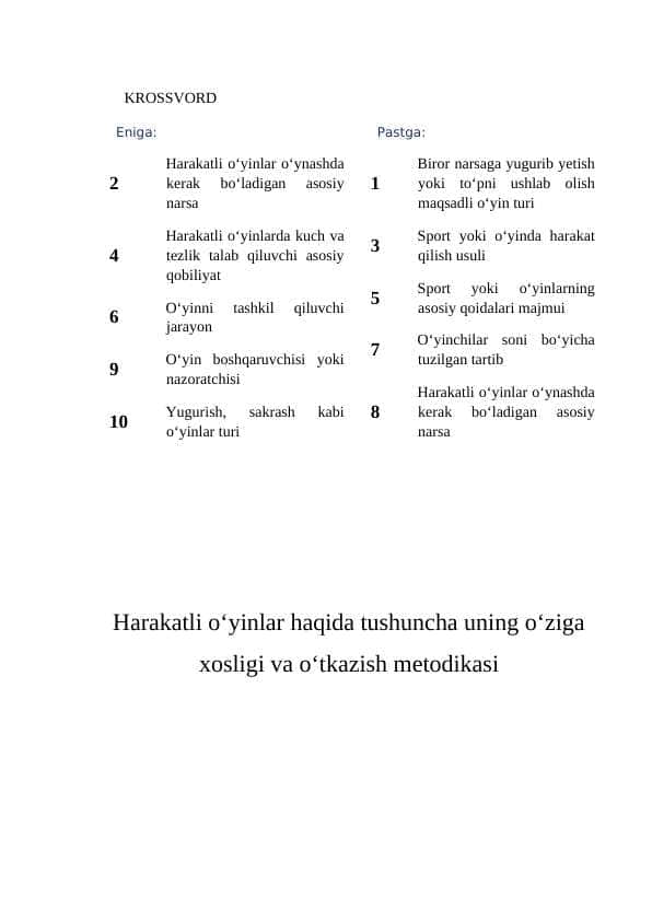 Harakatli o‘yinlar haqida tushuncha uning o‘ziga xosligi va o‘tkazish metodikasi Krossvord