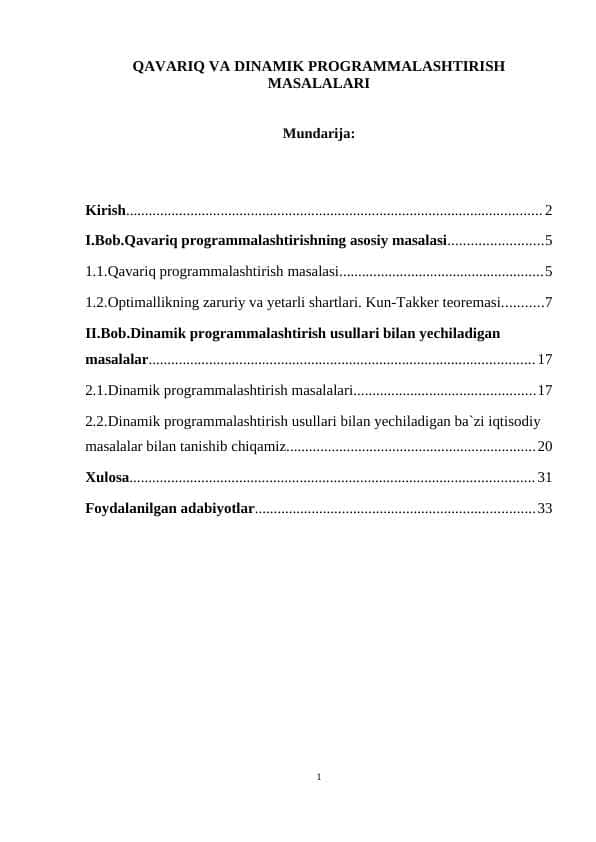 QAVARIQ VA DINAMIK PROGRAMMALASHTIRISH MASALALARI