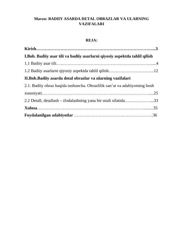 BADIIY ASARDA DETAL OBRAZLAR VA ULARNING VAZIFALARI