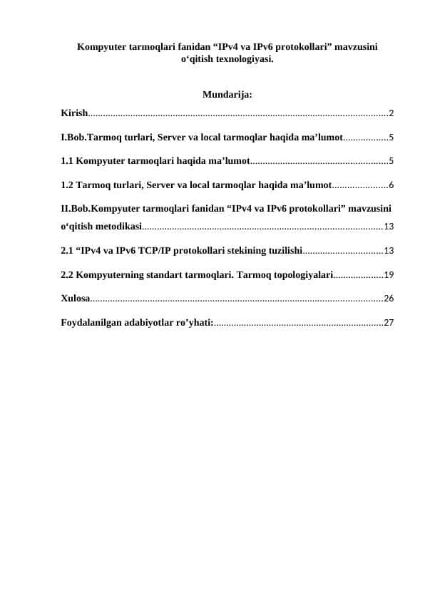Kompyuter tarmoqlari fanidan “IPv4 va IPv6 protokollari” mavzusini o‘qitish texnologiyasi