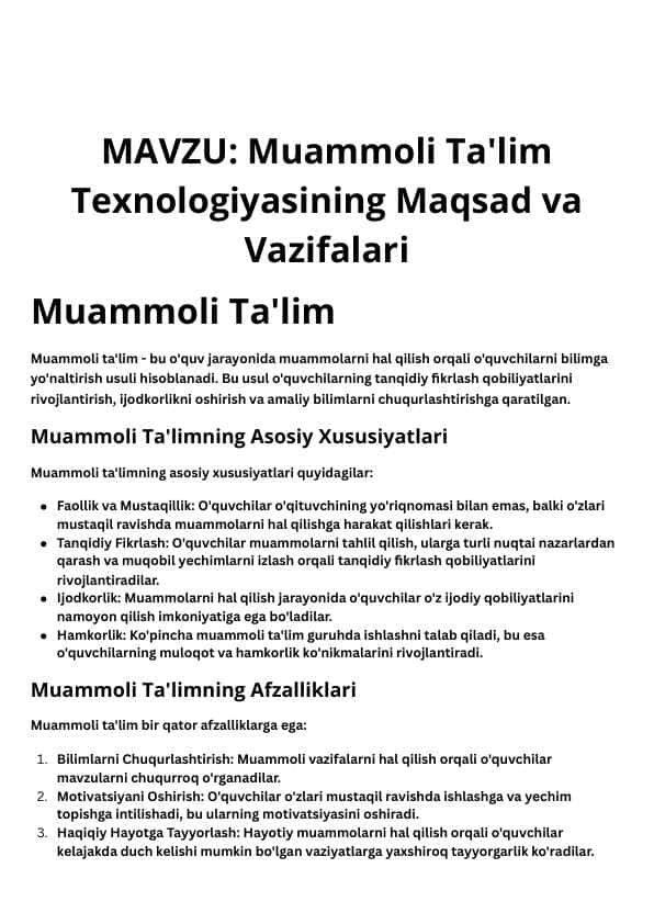 Muammoli Ta'lim Texnologiyasining Maqsad va Vazifalari( RASM TEXT REFERAT)