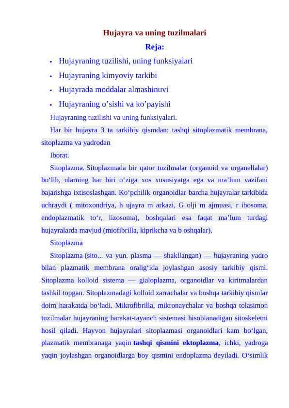 Hujayra va uning tuzilmalari