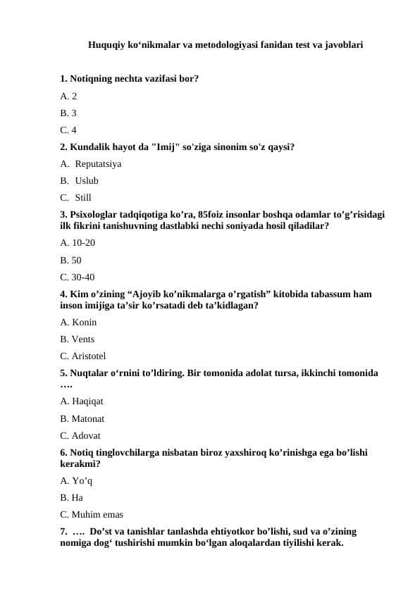 Huquqiy ko‘nikmalar va metodologiyasi fanidan test va javoblari