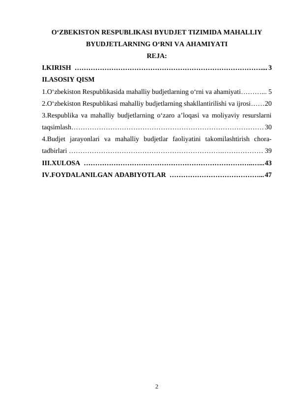 OʻZBEKISTON RESPUBLIKASI BYUDJET TIZIMIDA MAHALLIY BYUDJETLARNING OʻRNI VA AHAMIYATI