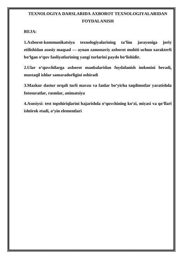 TEXNOLOGIYA DARSLARIDA AXBOROT TEXNOLOGIYALARIDAN FOYDALANISH