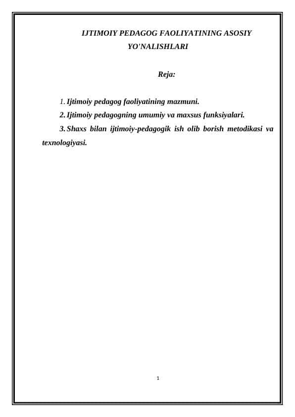 IJTIMOIY PEDAGOG FAOLIYATINING ASOSIY YO'NALISHLARI