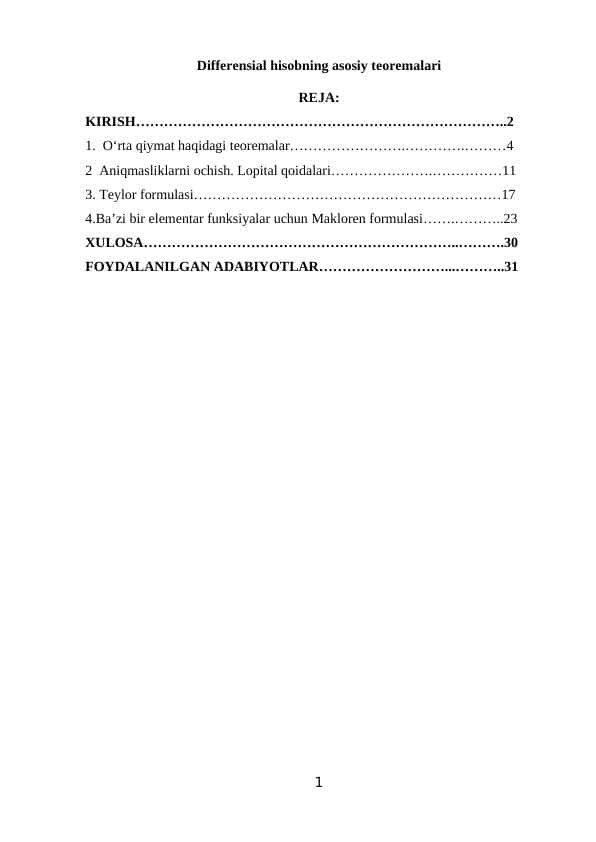 Differensial hisobning asosiy teoremalari