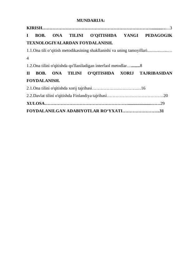 ONA TILI TA'LIMI JARAYONIDA RIVOJLANGAN XORIJIY DAVLATLAR TAJRIBASIDAN FOYDALANISH METODIKASI