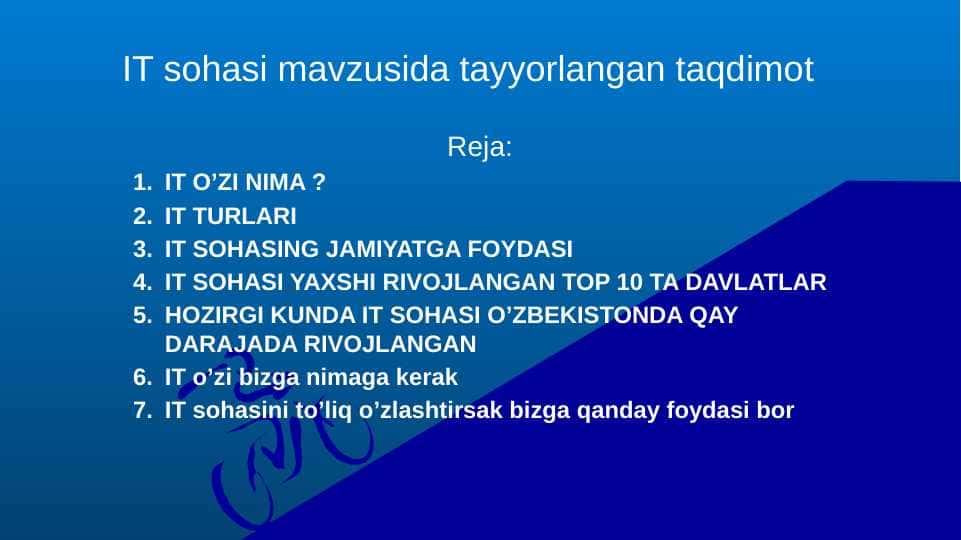 IT sohasi mavzusida tayyorlangan taqdimot