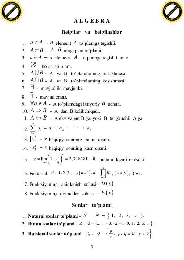 Algebra malumotnoma formula