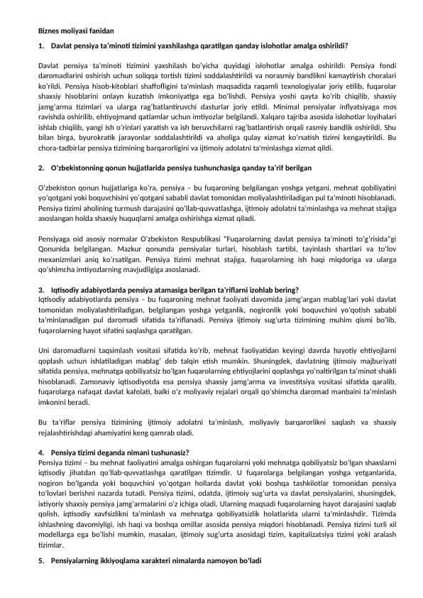 Pensiya Ishi Yakuniy savollar Javoblari