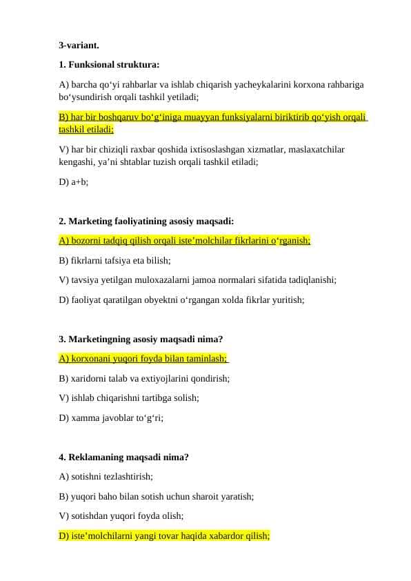 Menejment 3 qism test savol javoblar