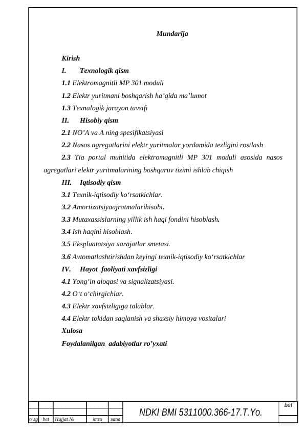 Tia portal muhitida elektromagnitli MP 301 moduli asosida nasos agregatlari elektr yuritmalarining boshqaruv tizimi ishlab chiqish