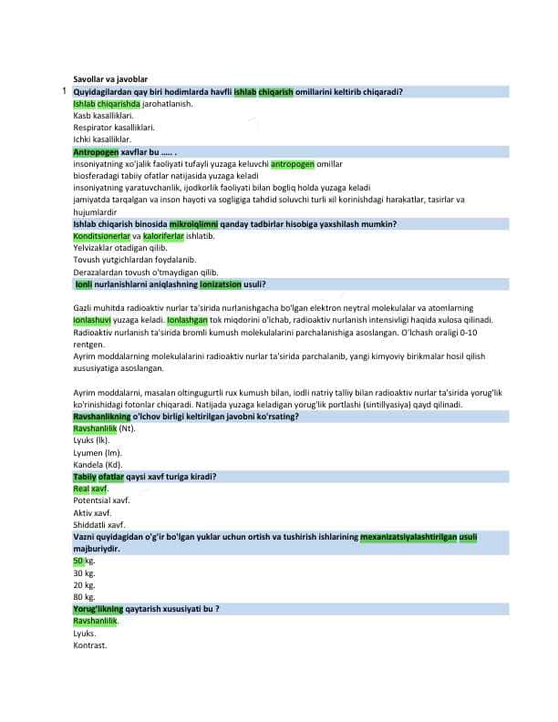 Hayot faoliyati xavfsizligi fanidan yakuniy baza testi 3-kurs TATU