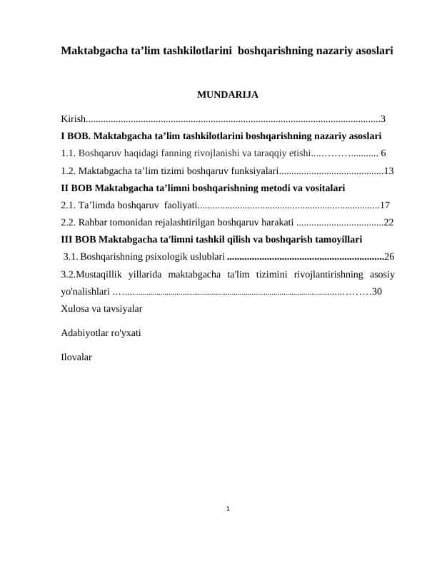 Maktabgacha ta’lim tashkilotlarini boshqarishning nazariy asoslari