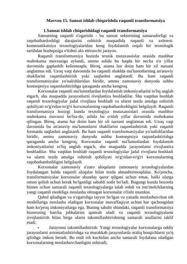 Sanoat ishlab chiqarishda raqamli transformatsiya