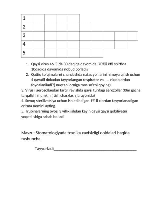 Stomatologiyada texnika xavfsizligi qoidalari haqida tushuncha.