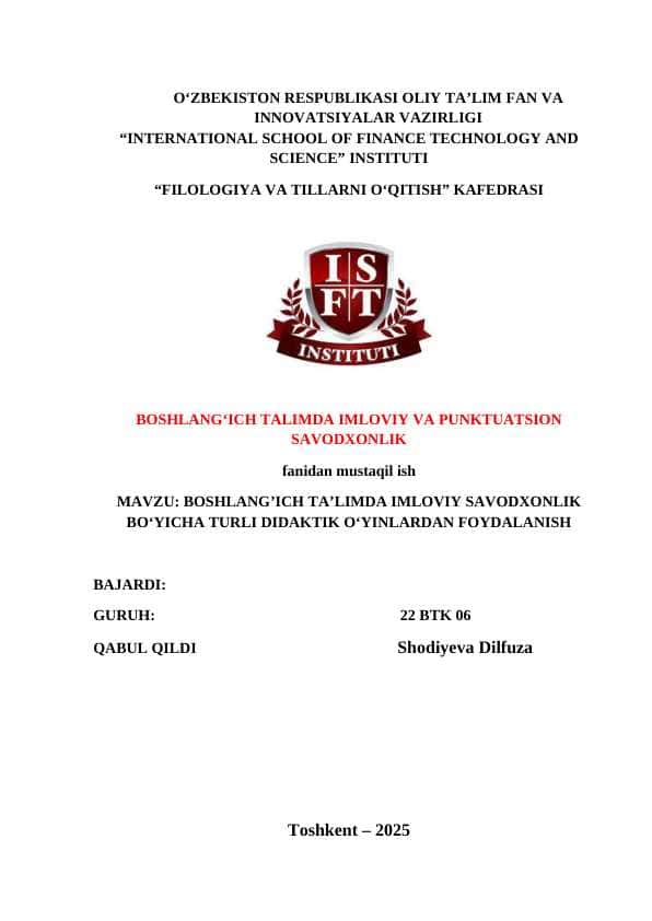 BOSHLANGʼICH TAʼLIMDA IMLOVIY SAVODXONLIK BOʻYICHA TURLI DIDAKTIK OʻYINLARDAN FOYDALANISH