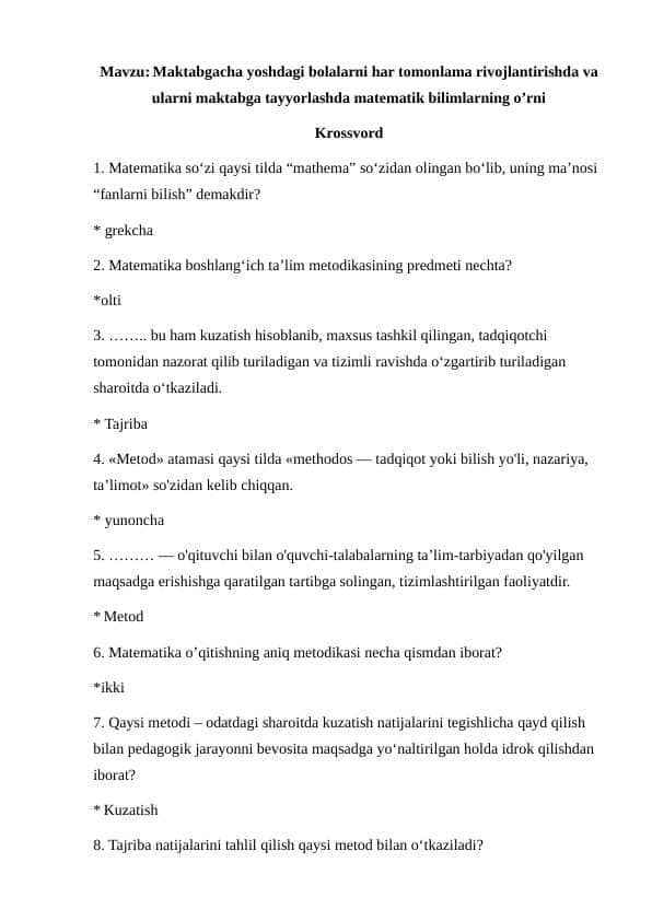 Maktabgacha yoshdagi bolalarni har tomonlama rivojlantirishda va ularni maktabga tayyorlashda matematik bilimlarning o’rni krossvord