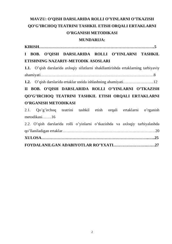 O’QISH DARSLARIDA ROLLI O’YINLARNI O’TKAZISH QO’G’IRCHOQ TEATRINI TASHKIL ETISH ORQALI ERTAKLARNI O’RGANISH METODIKASI