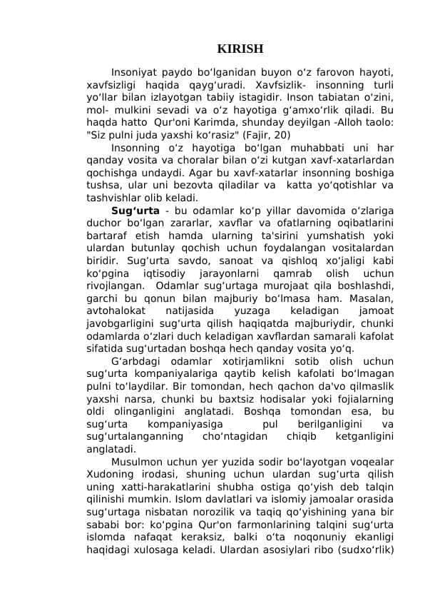 “Islom sug‘urta ishi” fanining predmeti va vazifalari.