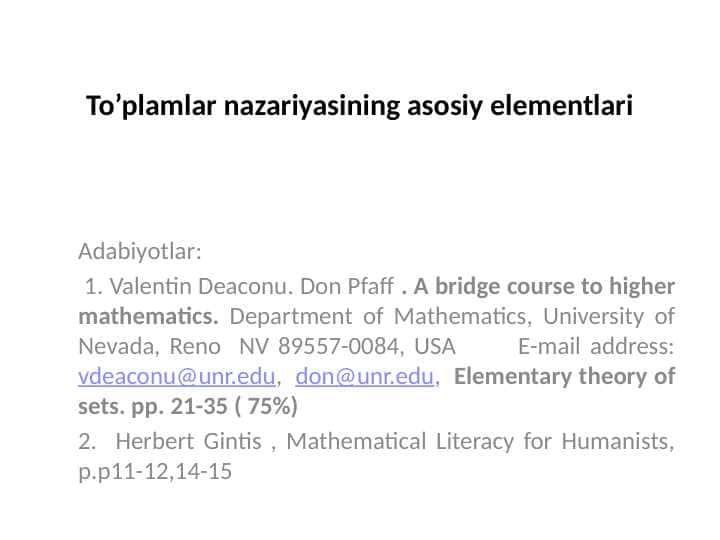 To’plamlar nazariyasining asosiy elementlari