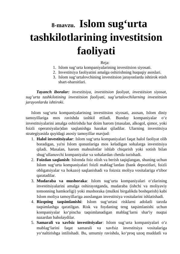 Islom sug‘urta tashkilotlarining investitsion faoliyati