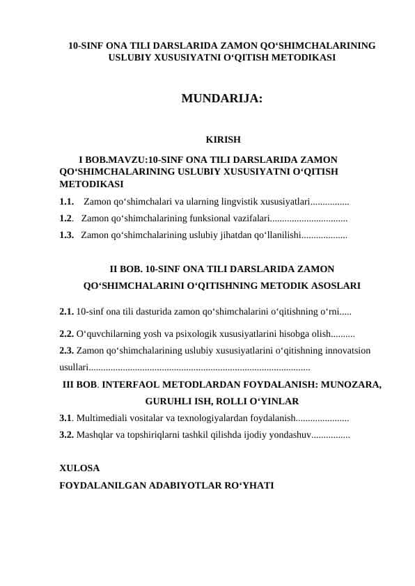 10-SINF ONA TILI DARSLARIDA ZAMON QOʻSHIMCHALARINING USLUBIY XUSUSIYATNI OʻQITISH METODIKASI