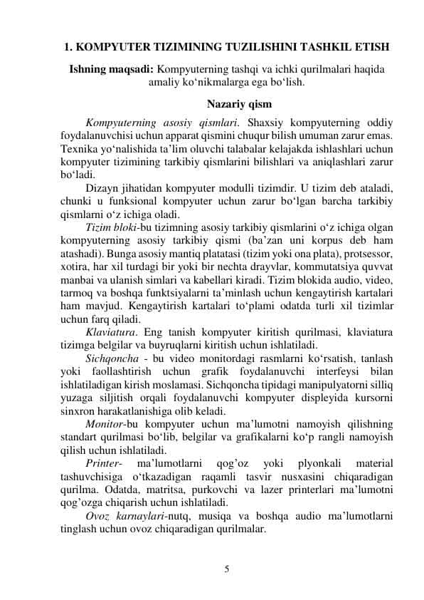 KOMPYUTER TIZIMINING TUZILISHINI TASHKIL ETISH