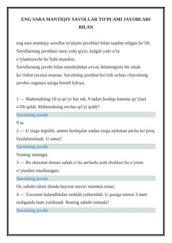 ENG SARA MANTIQIY SAVOLLAR TO’PLAMI JAVOBLARI BILAN