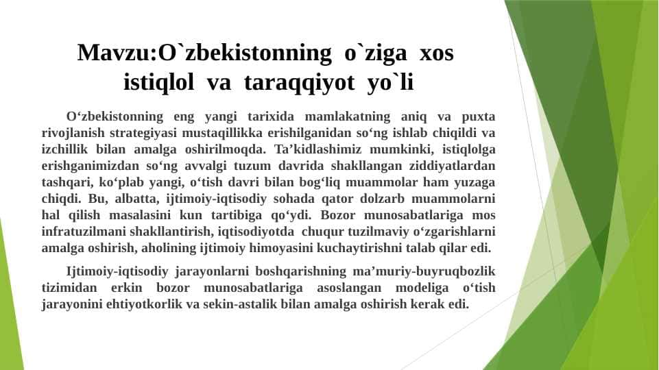 O`zbekistonning o`ziga xos istiqlol va taraqqiyot yo`li pptx