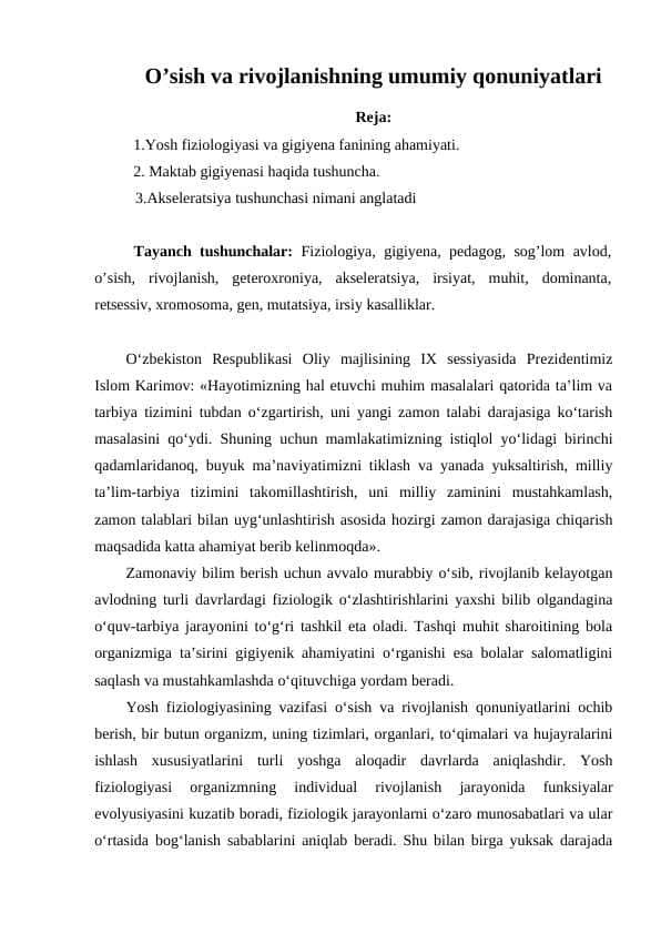 O’sish va rivojlanishning umumiy qonuniyatlari