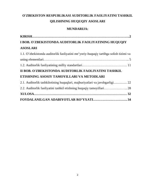 O'ZBEKISTON RESPUBLIKASI AUDITORLIK FAOLIYATINI TASHKIL QILISHNING HUQUQIY ASOSLARI