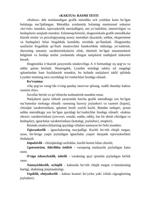 PSIXOLOGIYA FANIDAN KAKTUS RASMI TESTI