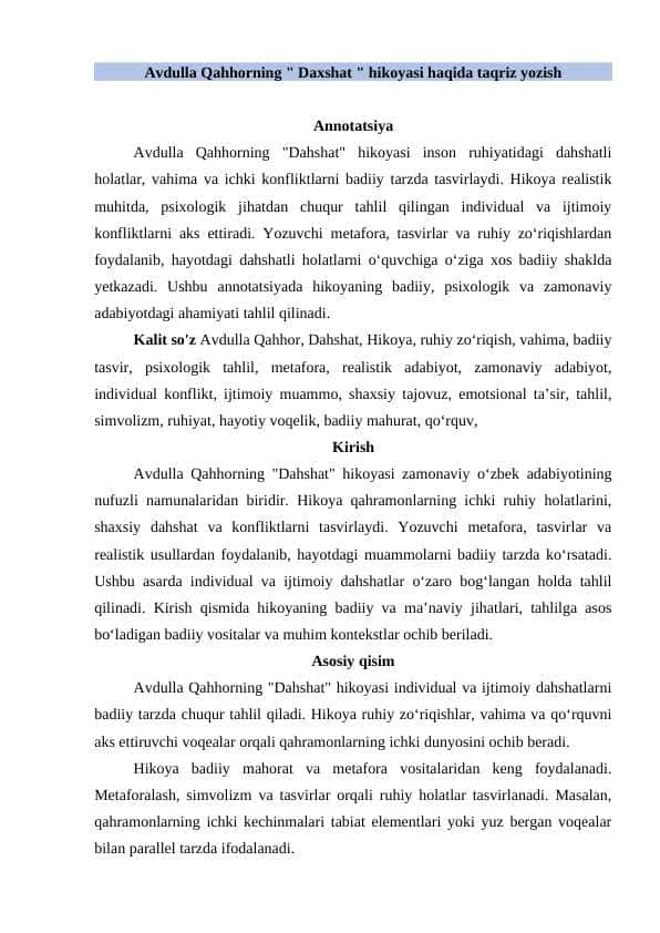 Avdulla Qahhorning Daxshat hikoyasi haqida taqriz yozish