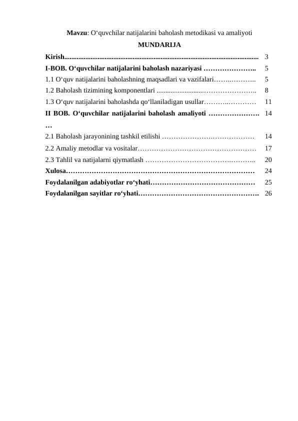Oʻquvchilar natijalarini baholash metodikasi va amaliyoti