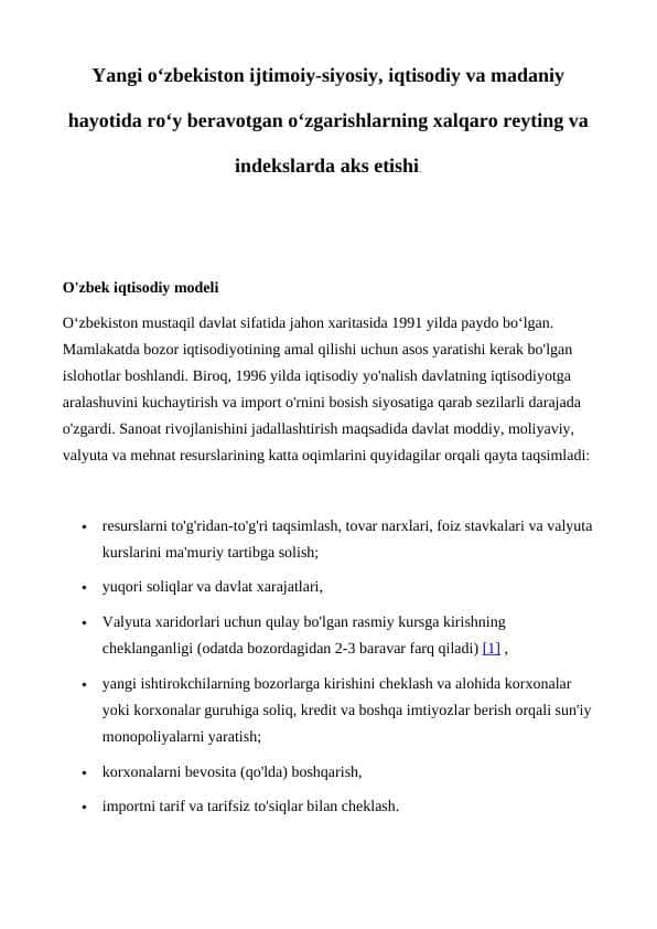 Yangi o‘zbekiston ijtimoiy-siyosiy, iqtisodiy va madaniy hayotida ro‘y beravotgan o‘zgarishlarning xalqaro reyting va indekslarda aks etishi.